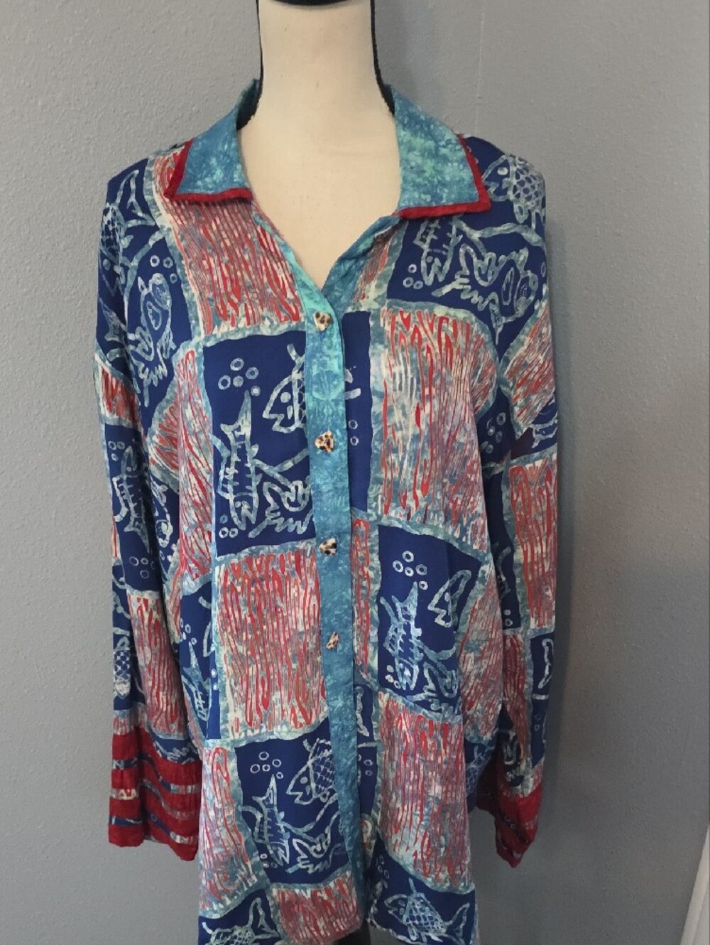 Vintage  Multi-Color Patchwork Button-Down Shirt Sz XL - Picture 6 of 7